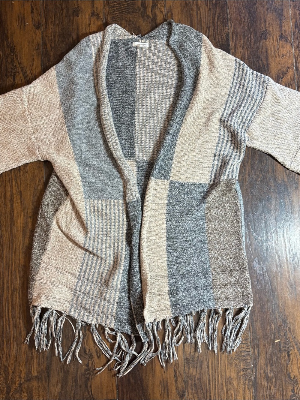 Women’s Patchwork Fringe Open-Front Sweater Cardigan - Beige & Gray Size Large